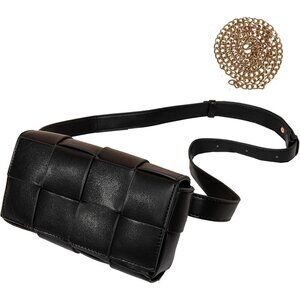Mini Woven Faux Leather Crossbody Waist Pack Bag with Adjustable Belt Black